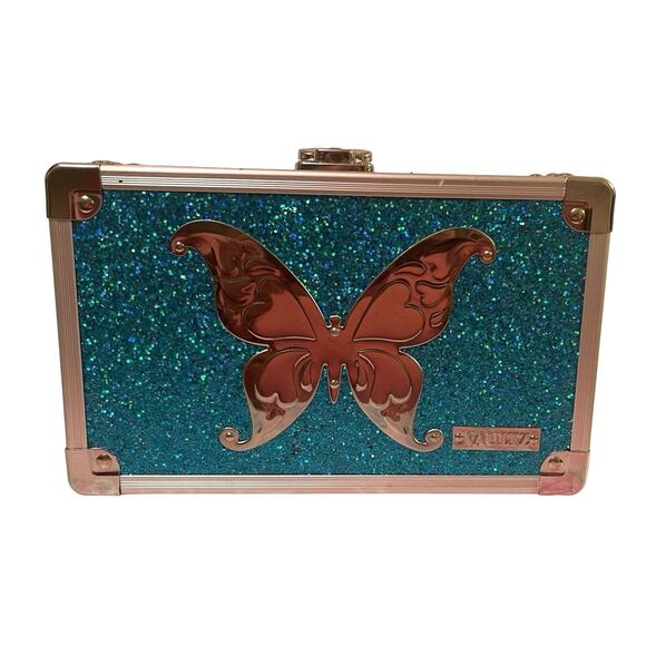 Trinket Box Sparkly Blue Silver Butterfly Metal Lock & Key Storage Pencil Case - Picture 1 of 4